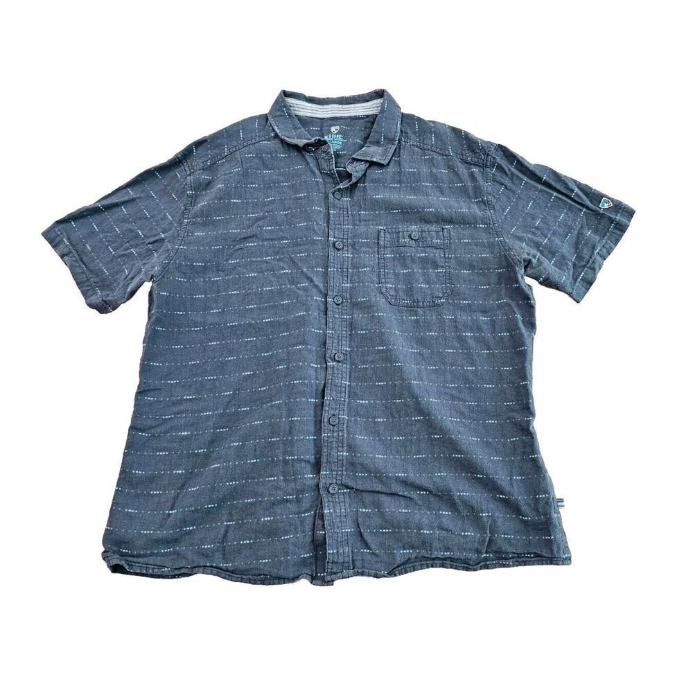 Kuhl Mens Short Sleeve Button Up Shirt Size XL Blue Textured Linen Blend
